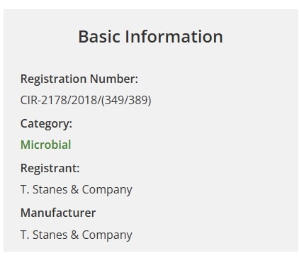A screenshot of the basic information of a product page on the bioprotection portal where you can find a registration number