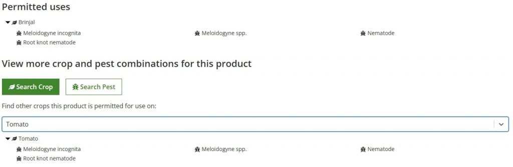 A screenshot of a product page on the bioprotection portal showing information on the permitted uses 